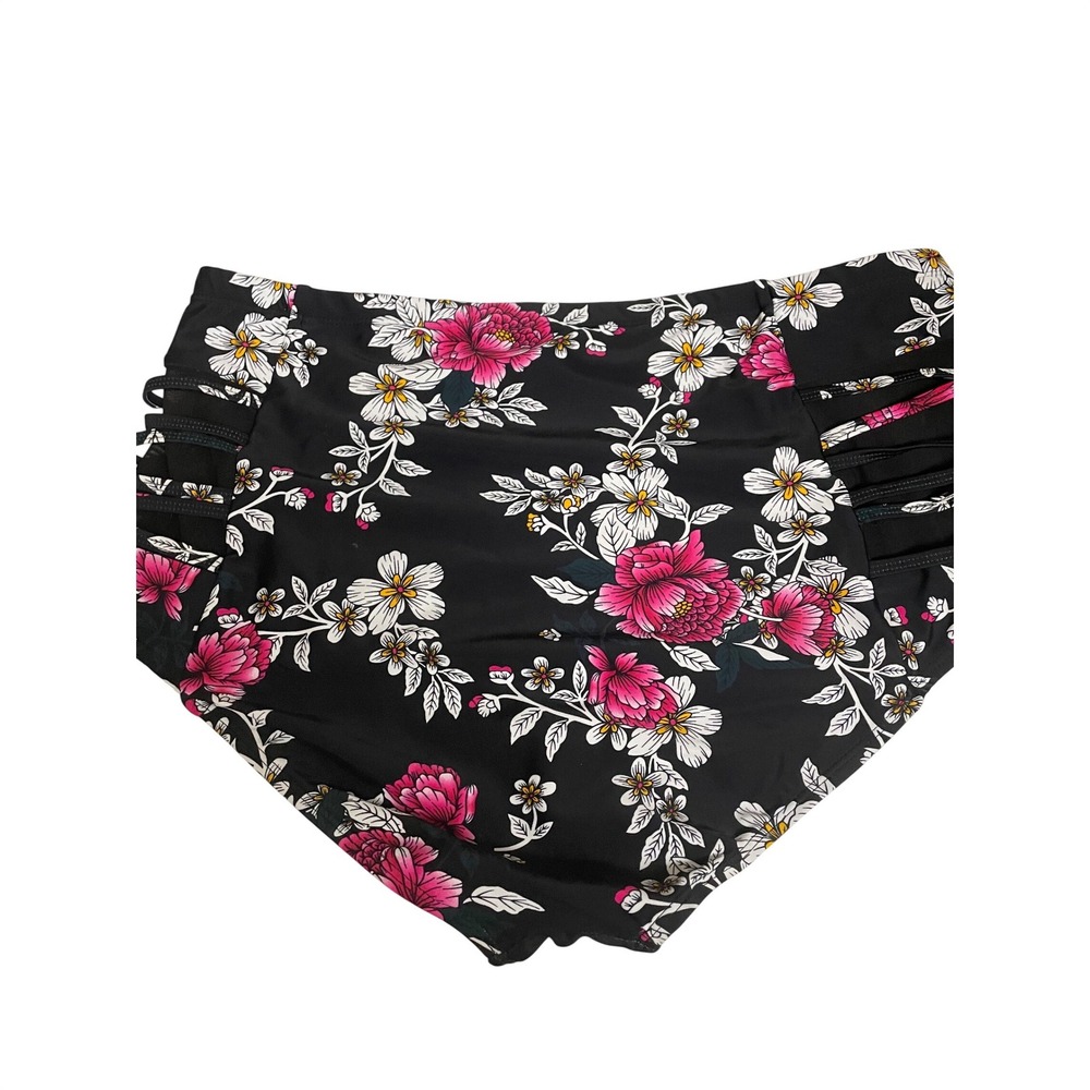 Floral High Waisted Bikini Set Black Pink Strappy Lattice Mesh 2X Swimsuit - Picture 2 of 6